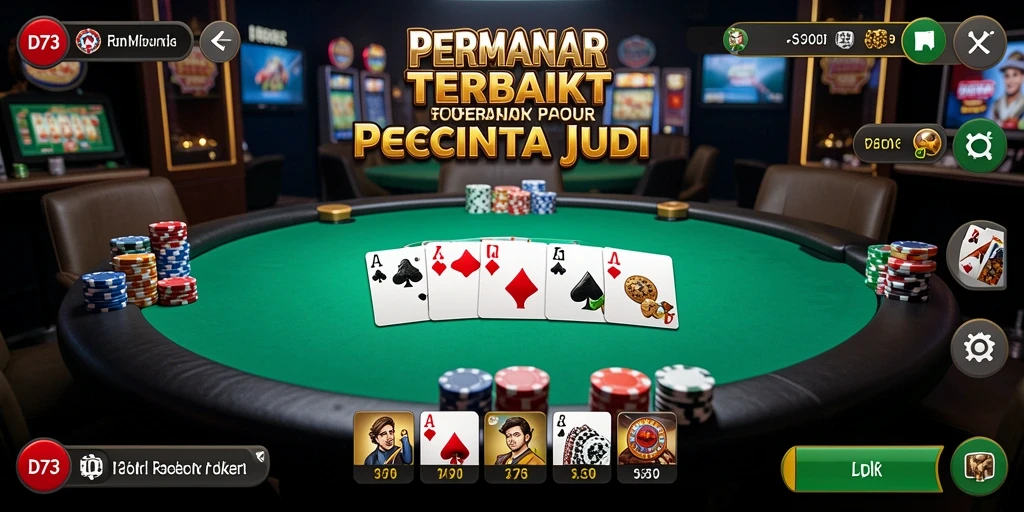 Tampilan gameplay dengan kartu dan meja Poker virtual.