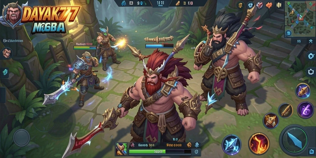 Tangkapan layar utama DAYAK777 menampilkan aksi pertempuran MOBA yang seru.