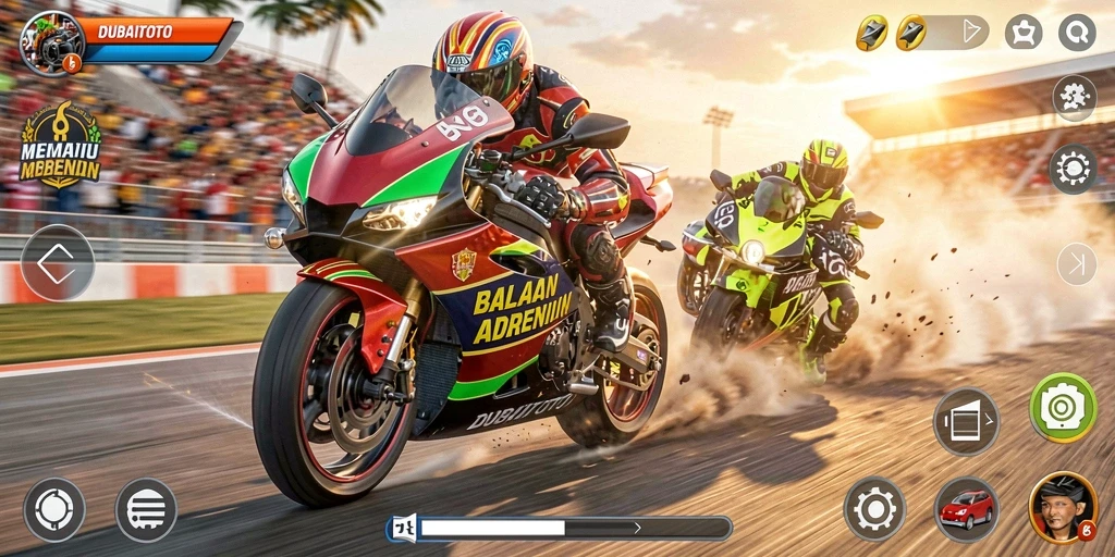 Screenshot DUBAITOTO menampilkan aksi balapan motor yang cepat dan mendebarkan.