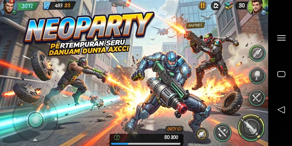 Tampilan screenshot utama NEOPARTY menampilkan aksi pertempuran yang mendebarkan.
