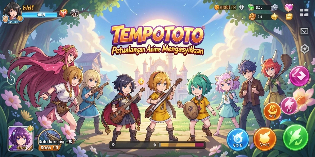 Screenshot gameplay TEMPOTOTO menampilkan pertempuran karakter Anime yang seru.