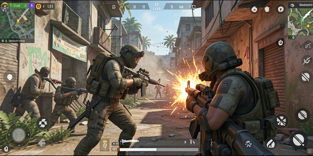 Screenshot menunjukkan gameplay intens dan aksi tembak-menembak yang seru.